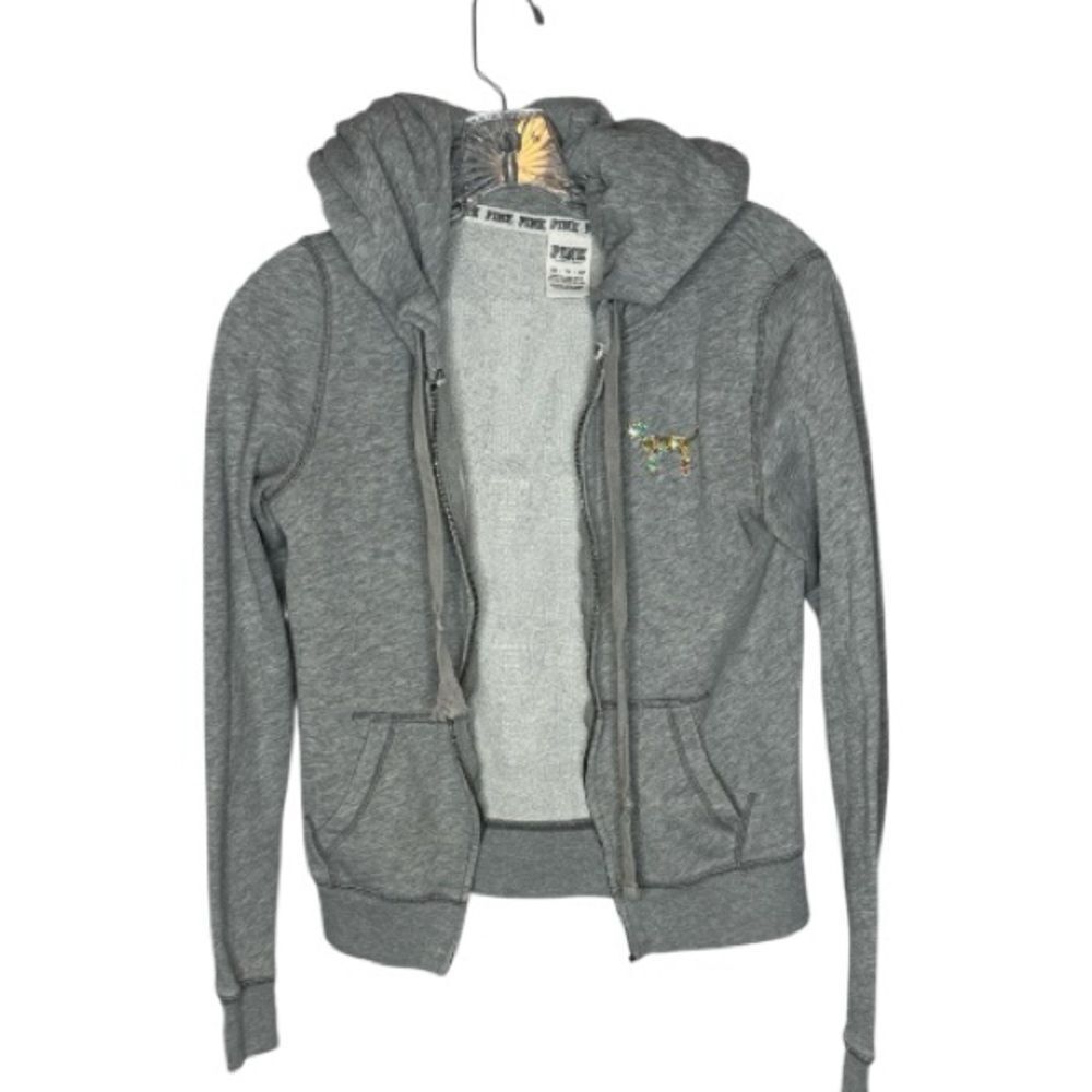 Victoria Secret/Pink Gray Zip-Up Rainbow Sequence Hoodie. Size XS.